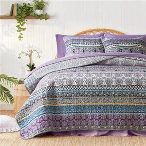 3 Pieces Colorful Bohemian Quilt Set Full Queen Size, Purple n Grey Boho Striped